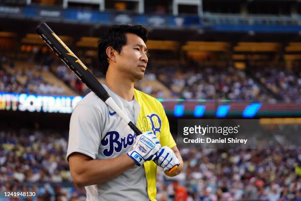 Simu Liu looks onduring the MGM All-Star Celebrity Softball Game at Dodger Stadium on Saturday, July 16, 2022 in Los Angeles, California.