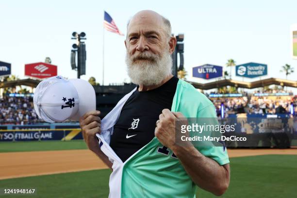 Actor J. K. Simmons is introduced prior to the MGM All-Star Celebrity Softball Game at Dodger Stadium on Saturday, July 16, 2022 in Los Angeles,...