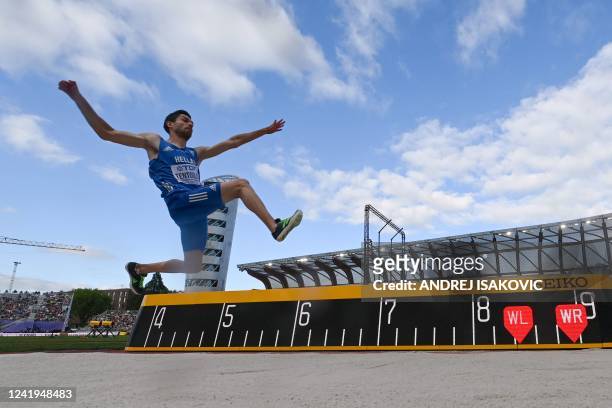 Greece's Miltiadis Tentoglou competes in the men's long jump final during the World Athletics Championships at Hayward Field in Eugene, Oregon on...