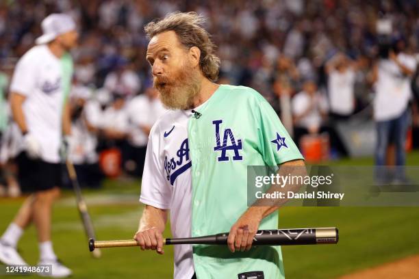 Bryan Cranston scores a run during the MGM All-Star Celebrity Softball Game at Dodger Stadium on Saturday, July 16, 2022 in Los Angeles, California.