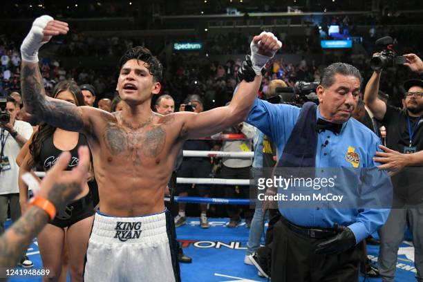 Ryan Garcia celebrates after he knocked out Javier Fortuna in the fifth round of a Super Lightweights bout at the Crypto.com Arena on July 16, 2022...