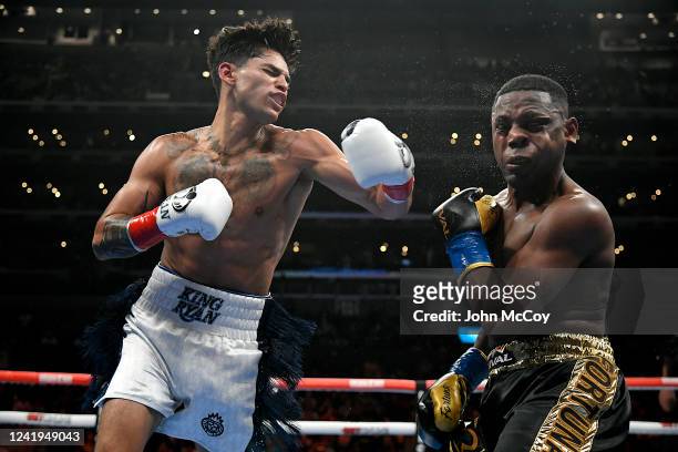 Ryan Garcia lands a punt on Javier Fortuna in the fourth round at the Crypto.com Arena on July 16, 2022 in Los Angeles, United States.
