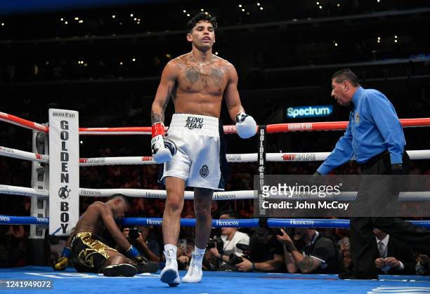 Ryan Garcia walks away from Javier Fortuna after knocking him down in the third round at the Crypto.com Arena on July 16, 2022 in Los Angeles, United...