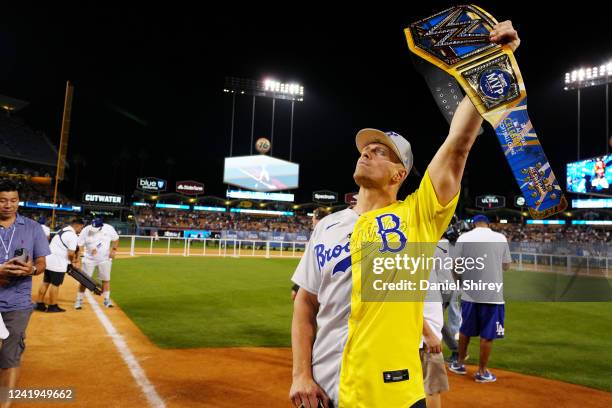 The Miz celebrates after being named the MVP of the MGM All-Star Celebrity Softball Game at Dodger Stadium on Saturday, July 16, 2022 in Los Angeles,...