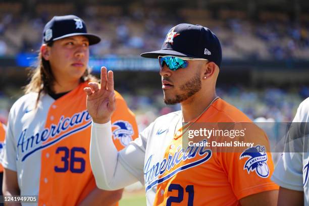 Yainer Diaz of the Houston Astros looks on during player introductions prior to the 2022 SiriusXM All-Star Futures Game at Dodger Stadium on...