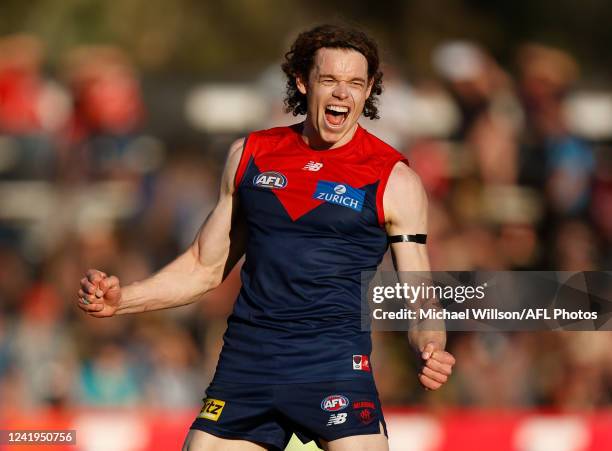 Ben Brown of the Demons celebrates a goal during the 2022 AFL Round 18 match between the Melbourne Demons and the Port Adelaide Power at TIO Traeger...