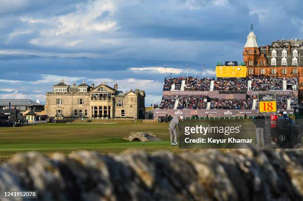 Collin Morikawa plays his shot from the 18th tee during the second round of The 150th Open Championship on The Old Course at St Andrews on July 15,...