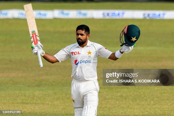 Pakistans captain Babar Azam celebrates after scoring a century during the second day of the first cricket Test match between Sri Lanka and Pakistan...