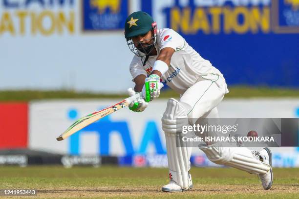 Pakistan's captain Babar Azam plays a shot during the second day of the first cricket Test match between Sri Lanka and Pakistan at the Galle...