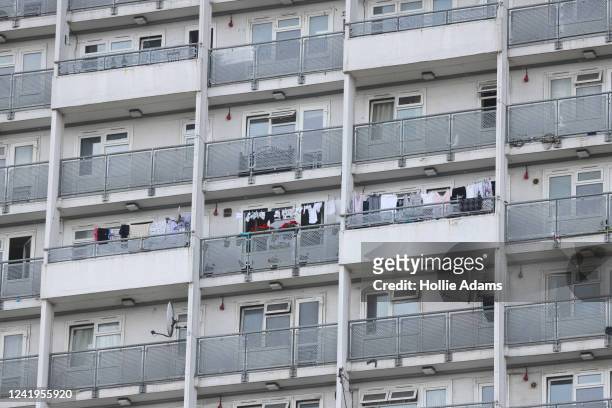 Washing hanging on balconys at an estate in Hackney on July 17, 2022 in London, England. While some Britons flocked to the seaside to beat the...