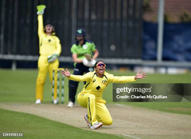 Alana King of Australia appeals for a wicket during the Ireland Women v Australia Women - T20I Tri-Series match at Bready Cricket Club on July 17,...