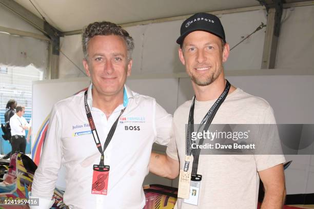Co-Founder & Chairman of E1 Alejandro Agag and Jenson Button attend The ABB FIA Formula E New York City E-Prix on July 17, 2022 in New York City.
