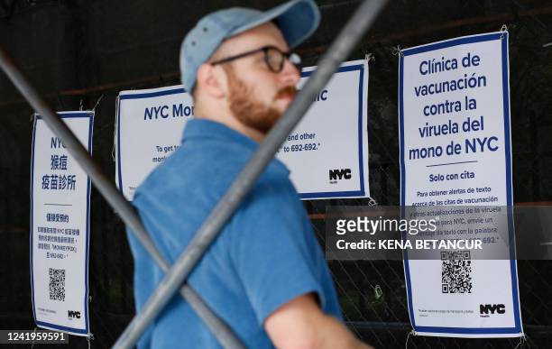 Man waits in line to recieve the Monkeypox vaccine before the opening of a new mass vaccination site at the Bushwick Education Campus in Brooklyn on...
