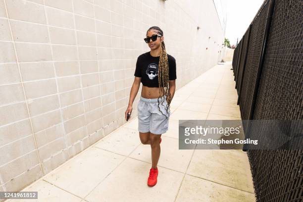 Evina Westbrook of the Washington Mystics arrives to the arena prior to the game against the Minnesota Lynx on July 17, 2022 at Entertainment &...