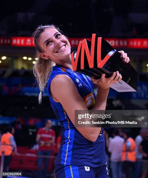 Italian volleyball player Alessia Orro poses with the championship trophy after the Women´s Volleyball Nations League Final Match between Italy and...