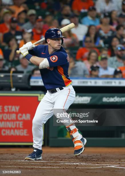 Houston Astros third baseman Alex Bregman watches the pitch in the bottom of the first inning during the MLB game between the Oakland Athletics and...