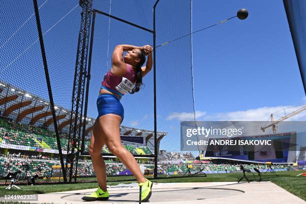 S Janee' Kassanavoid competes in the women's hammer throw final during the World Athletics Championships at Hayward Field in Eugene, Oregon on July...