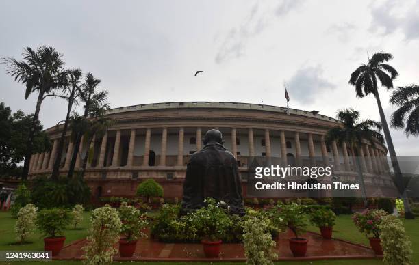View of Parliament Building ahead Parliament monsoon Session, on July 16, 2022 in New Delhi, India. Ahead of the monsoon session of Parliament, Lok...