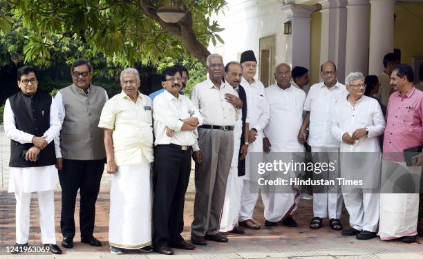 Leader Sharad Pawar and other opposition party leaders arrive for a press conference to announce opposition vice presidential candidate Margaret...