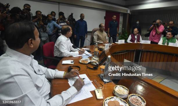 Lok Sabha Speaker Om Birla with Congress leader Adhir Ranjan Chowdhury, Minister of Parliamentary Affairs Pralhad Joshi with others leaders attending...