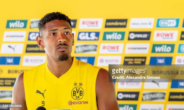 Sebastien Haller of Borussia Dortmund during a press conference at the Borussia Dortmund Training Camp on July 17, 2022 in Bad Ragaz.