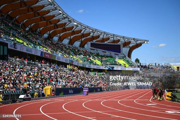 Athletes compete in the men's 10,000m final during the World Athletics Championships at Hayward Field in Eugene, Oregon on July 17, 2022.