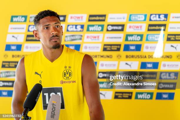 Sebastien Haller of Borussia Dortmund during a press conference at the Borussia Dortmund Training Camp on July 17, 2022 in Bad Ragaz.