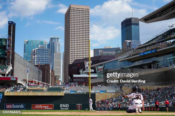 Caleb Hamilton of the Minnesota Twins warms up in his Major League debut against the Chicago White Sox in the ninth inning of the game at Target...