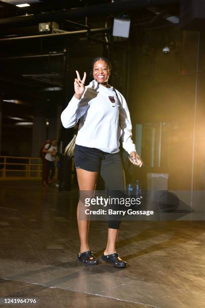 Kia Vaughn of the Atlanta Dream arrives to the arena before the game against the Phoenix Mercury on July 17, 2022 at Footprint Center in Phoenix,...