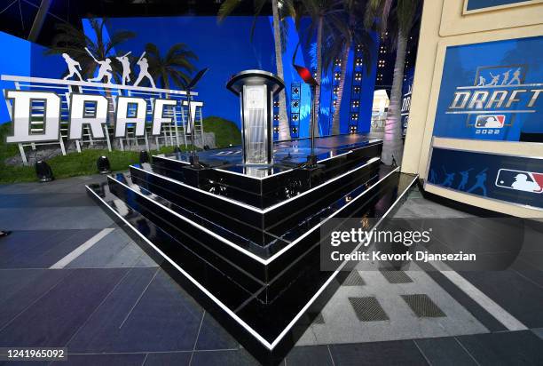 Workers prepare the stage for the 2022 MLB Draft at XBOX Plaza on July 17, 2022 in Los Angeles, California.