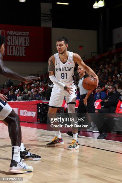 Deividas Sirvydis of the New Orleans Pelicans dribbles the ball during the game against the Oklahoma City Thunder during the 2022 NBA Las Vegas...