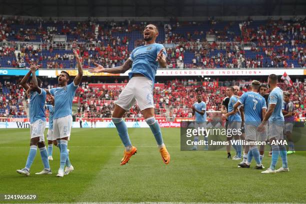 Alexander Callens of New York City FC celebrates his sides 1-0 victory over New York Red Bulls at full time of the Major League Soccer match between...