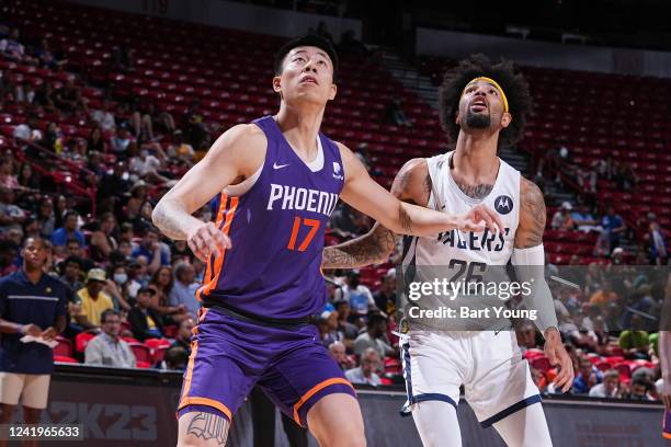 Kevin Zhang of the Phoenix Suns and Tevin Brown of the Indiana Pacers look on during the 2022 Las Vegas Summer League on July 17, 2022 at the Thomas...