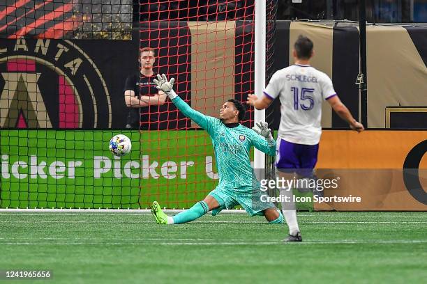 Orlando goalkeeper Pedro Gallese attempts to make a save during the MLS match between Orlando City SC and Atlanta United FC on July 17th, 2022 at...