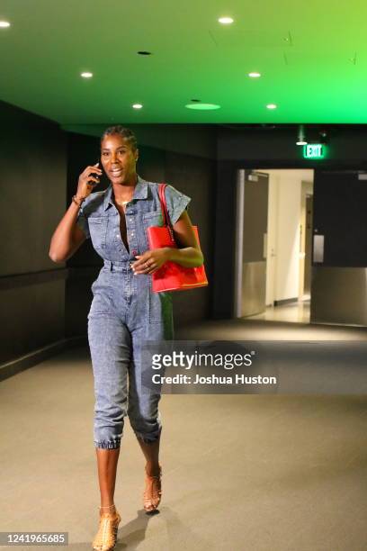 Jantel Lavender of the Seattle Storm arrives to the arena prior to the game against the Indiana Fever on July 17, 2022 at the Climate Pledge Arena in...