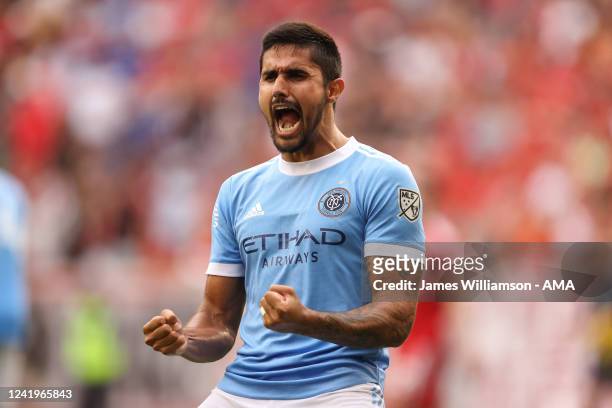 Thiago Martins of New York City FC celebrates his sides 1-0 victory over New York Red Bulls at full time of the Major League Soccer match between New...