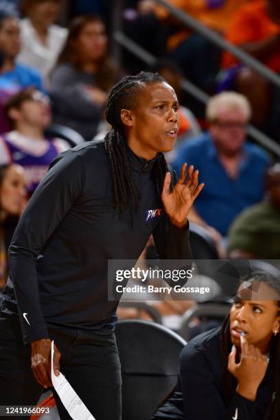 Assistant Coach Crystal Robinson of the Phoenix Mercury looks on during the game against the Atlanta Dream on July 17, 2022 at Footprint Center in...