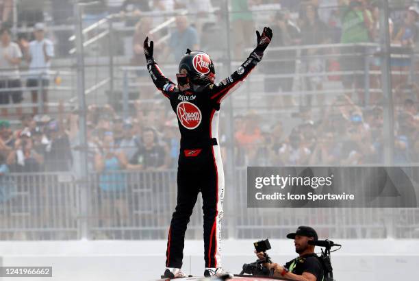 Christopher Bell salutes the crowd after winning the NASCAR Cup Series Ambetter 301 on July 17 at New Hampshire Motor Speedway in Loudon. New...