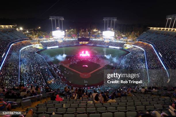 An aerial view of Becky Gs performance during the MGM Rewards All-Star Saturday Extra Innings Music Performance at Dodger Stadium on Saturday, July...