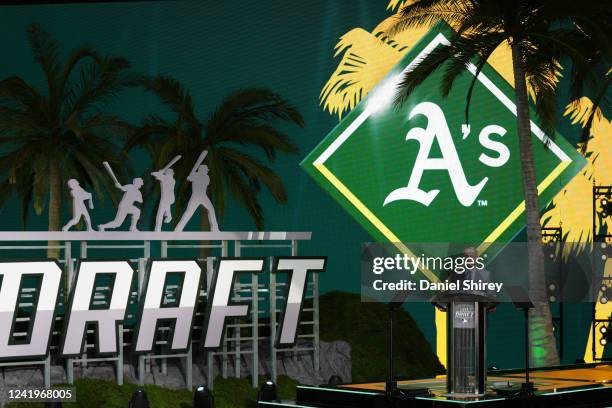 Commissioner Robert D. Manfred announces the 19th pick for the Oakland Athletics during the 2022 Major League Baseball Draft at L.A. Live on Sunday,...