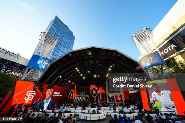 View of the draft board and stage as Reggie Crawford is selected as the 30th pick by the San Francisco Giants during the 2022 Major League Baseball...