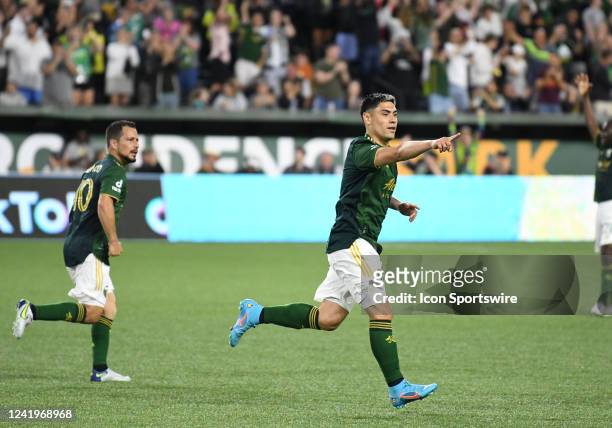 Portland Timbers forward Felipe Mora reacts after scoring on a penalty kick in the second half during a match between the Portland Timbers and...
