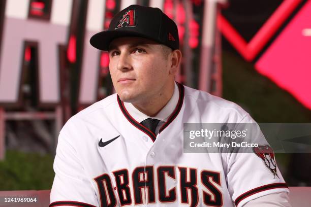 Ivan Melendez looks on after being selected 43rd overall by the Arizona Diamondbacks during the 2022 Major League Baseball Draft at L.A. Live on...