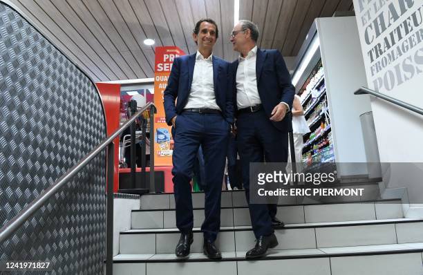 President of the Managing Board Xavier Piechaczyk and French multinational retailer Carrefour's CEO Alexandre Bompard arrive to sign a partnership...