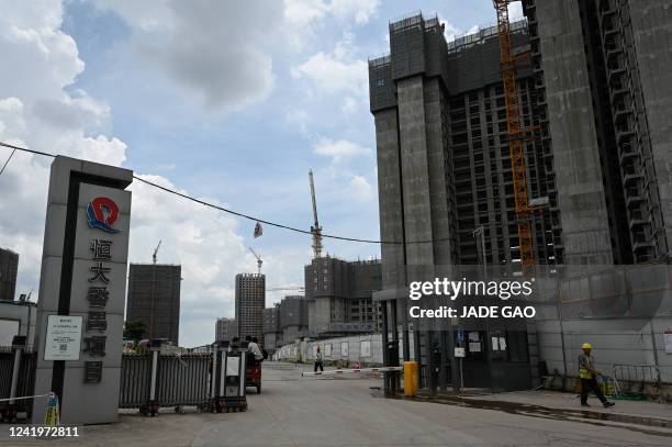 General view shows Evergrande residential buildings under construction in Guangzhou, in China's southern Guangdong province on July 18, 2022.