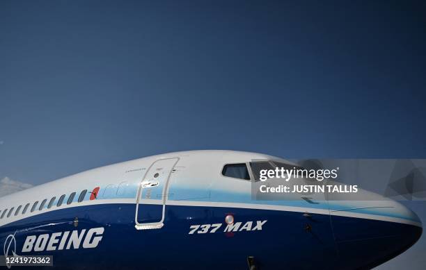 Boeing 737 Max is displayed during the Farnborough Airshow, in Farnborough, on July 18, 2022.