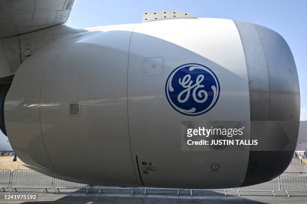 Photograph taken on July 18, 2022 shows the GE9X General Electric Engine on the Boeing 777 during the Farnborough Airshow, in Farnborough.
