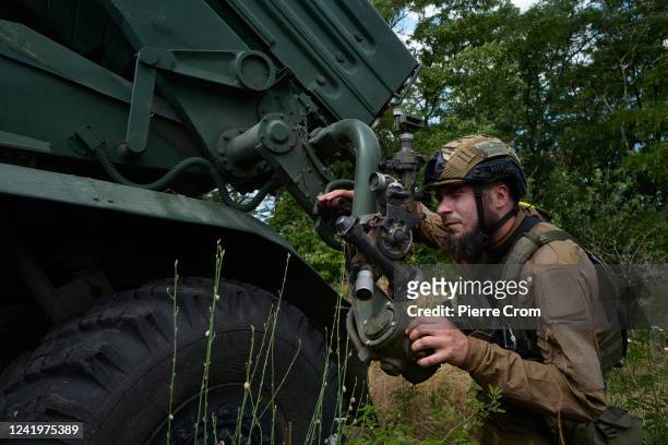 Ukrainian soldier of the 59th brigade positions a multiple rocket launcher on the frontline on July 6, 2022 in Mykolaiv, Ukraine. The Mykolaiv region...