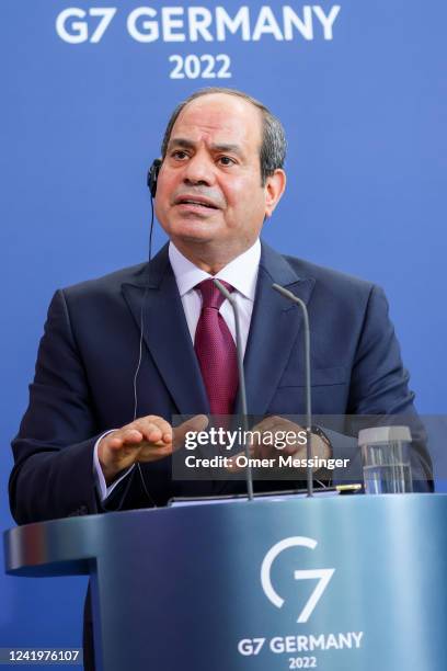 Egyptian President Abdel Fattah el-Sisi speaks during a joint press conference with German Chancellor Olaf Scholz at the federal chancellery on July...