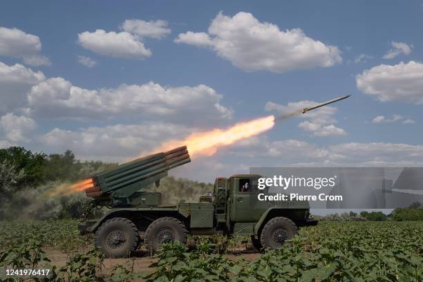 Ukrainian multiple rocket launcher of the 59th brigade fires missiles on Russian targets on the frontline on July 7, 2022 in Mykolaiv, Ukraine. The...